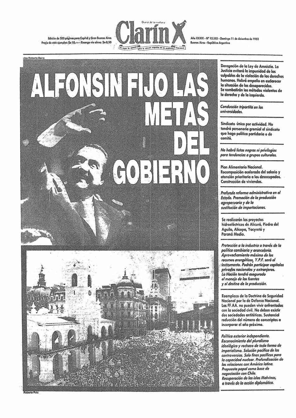 Imagen Titular del diario Clarín. Asunción de Alfonsín.